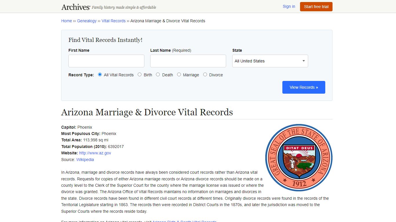 Arizona Marriage & Divorce Vital Records - Archives.com